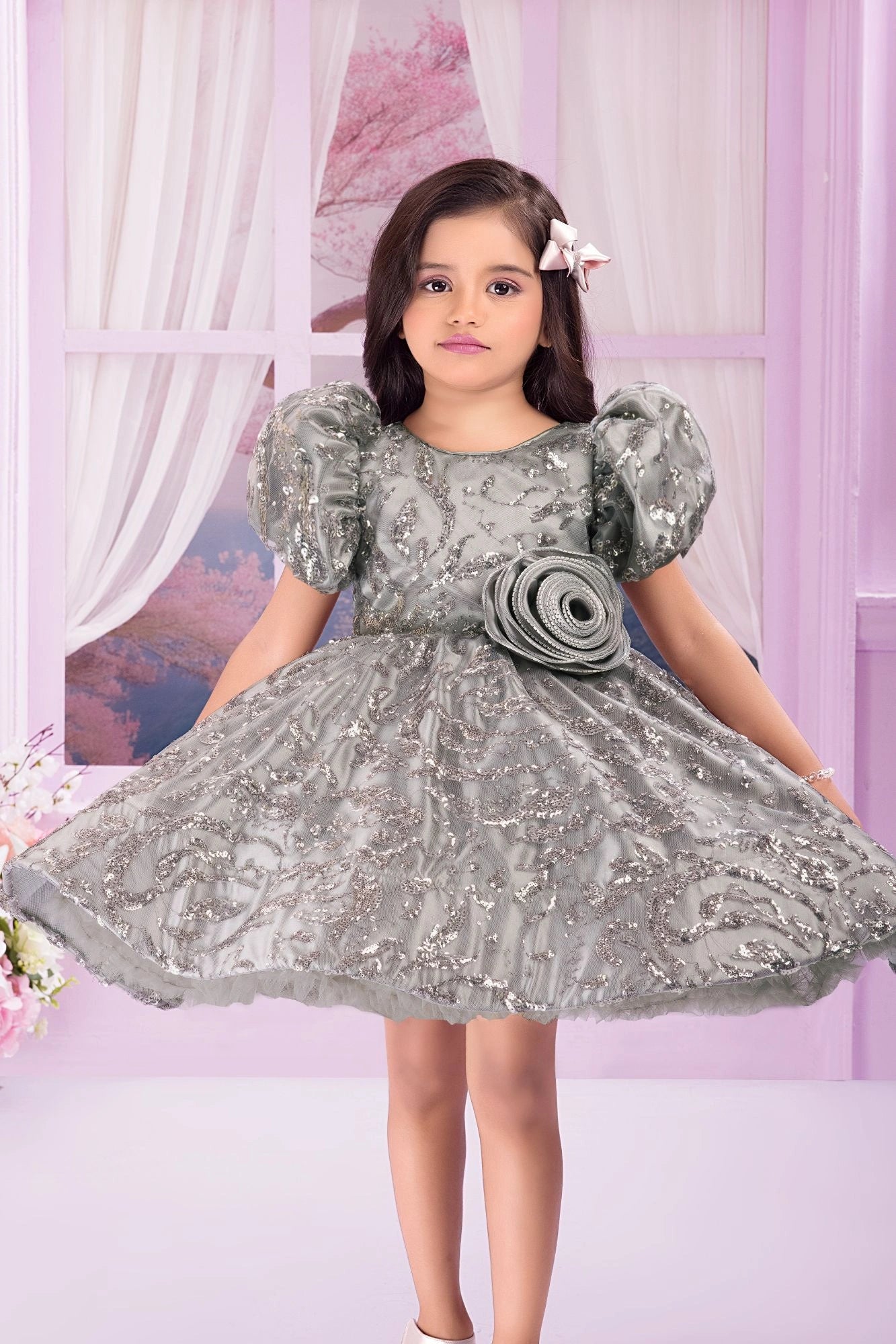 Grey Sequin Puff-Sleeve Party Frock With 3D flower Applique For Girls