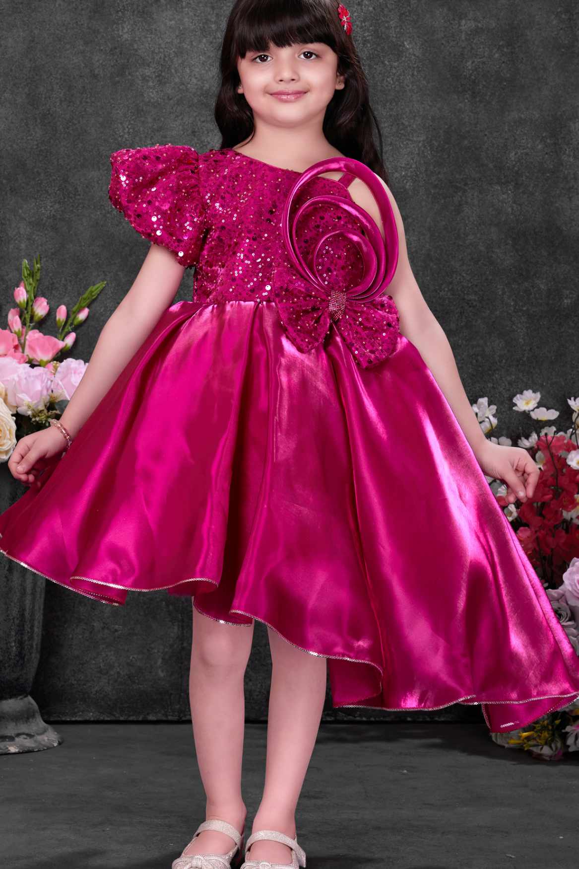 Rani Pink Sequin Party Wear Frock with Asymmetrical Flared Skirt For Girls