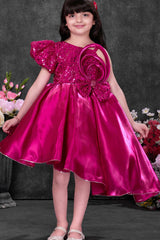 Rani Pink Sequin Party Wear Frock with Asymmetrical Flared Skirt For Girls