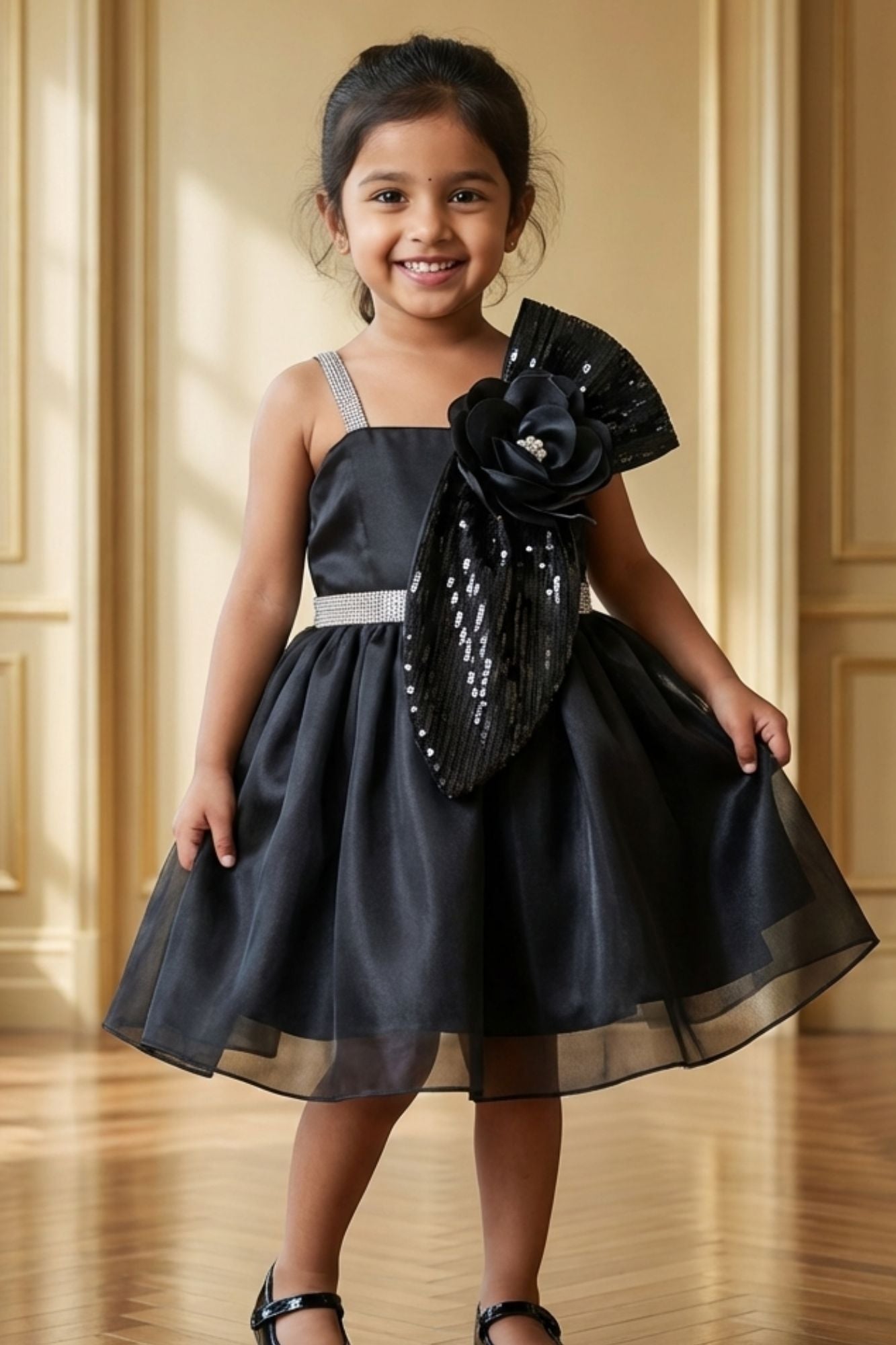 Black Party Frock With Sequin Bow And 3D Flower Detail For Girls