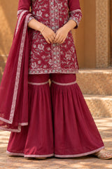 Dark Mauve Thread Embroidered Short Kurti with Sharara and Dupatta For Girls