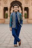 Blue Premium Brocade Indo Western Suit Set For Boys