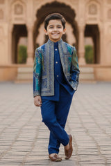 Blue Premium Brocade Indo Western Suit Set For Boys