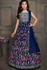 Blue Kashmiri Printed And Sequin Work With Zari Embroidery Gown For Girls