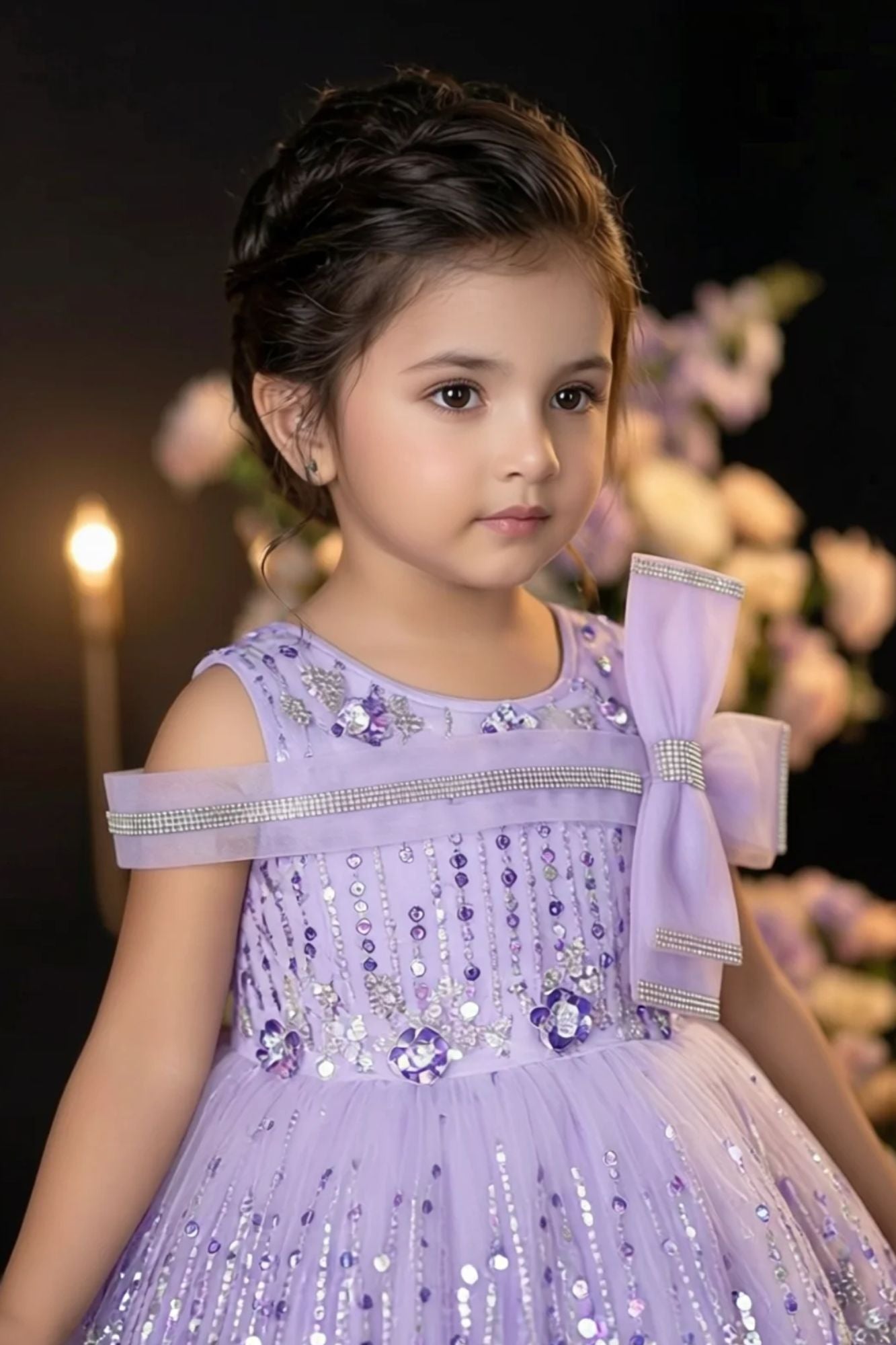 Girls Lavender Sequinned Party Wear Frock with Bow Detail
