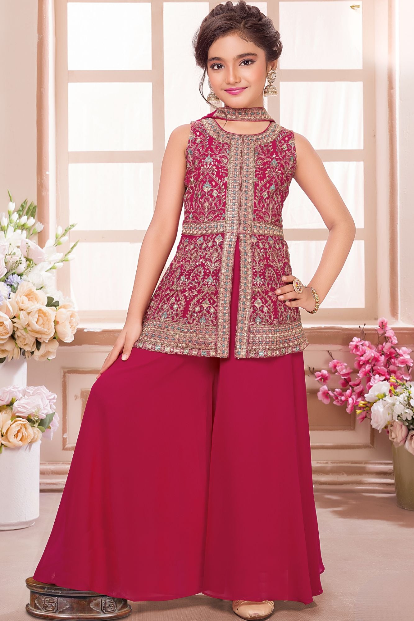Rani Pink Embroidered Palazzo Set For Girls