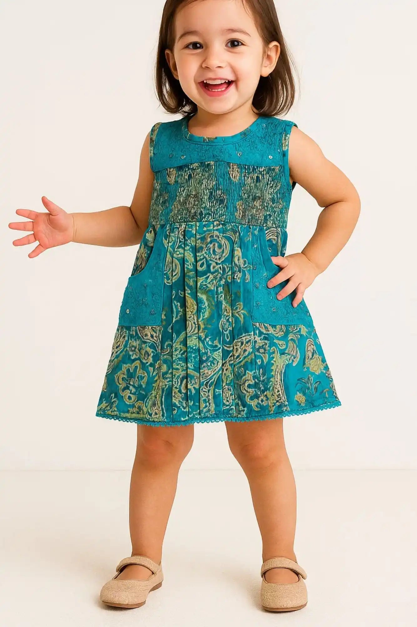 Blue Floral Print Sequin Embroidered Dress For Girls