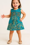 Blue Floral Print Sequin Embroidered Dress For Girls