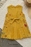 Girls Mustard Embroidered Dress with Tie-Up Neck