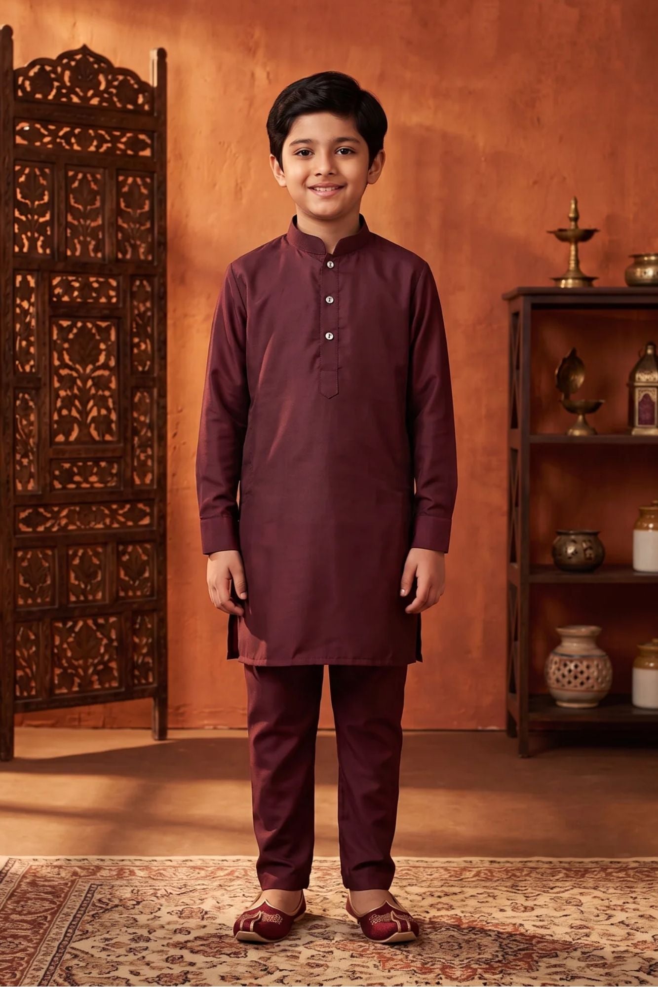 Boys Maroon Floral Embroidered And Sequin Embellished Kurta Set with Nehru Jacket