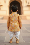 Mustard Patchwork Printed Kurta Dhoti Set for Boys