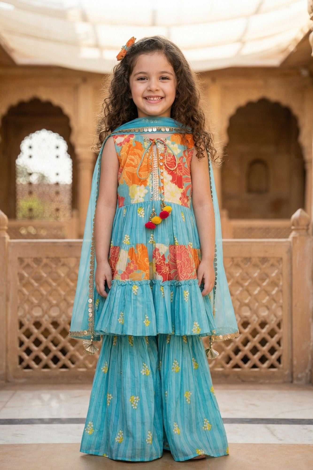 Girls Blue Floral Tiered Palazzo Set with Dupatta