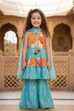 Girls Blue Floral Tiered Palazzo Set with Dupatta