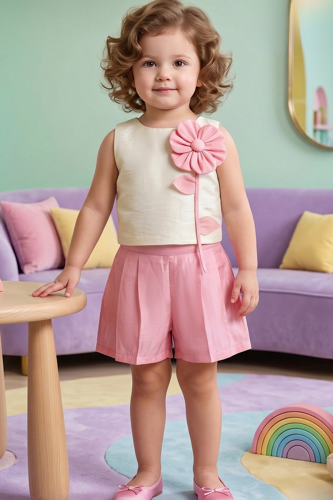 Girls Cream and Pink Floral Applique Top with Shorts Co Ord Set