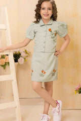 Pista Green Floral Embroidered Shirt And Skirt Set For Girls