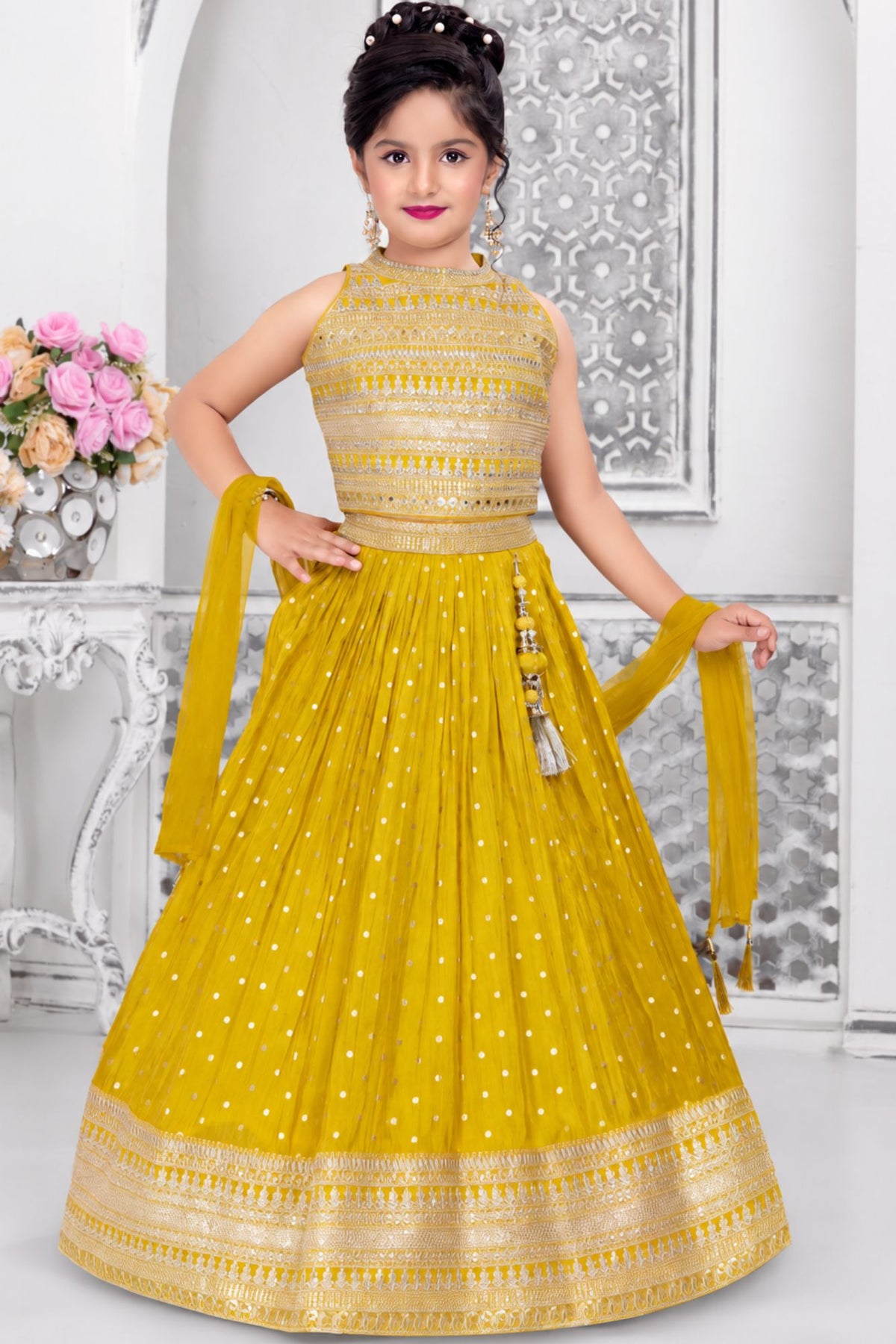 Girls Heavy Sequin Embroidered Mustard Yellow Lehenga Choli Set With Dupatta