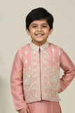 Peach Embroidered Kurta Pajama Set with Ethnic Nehru Jacket for Boys