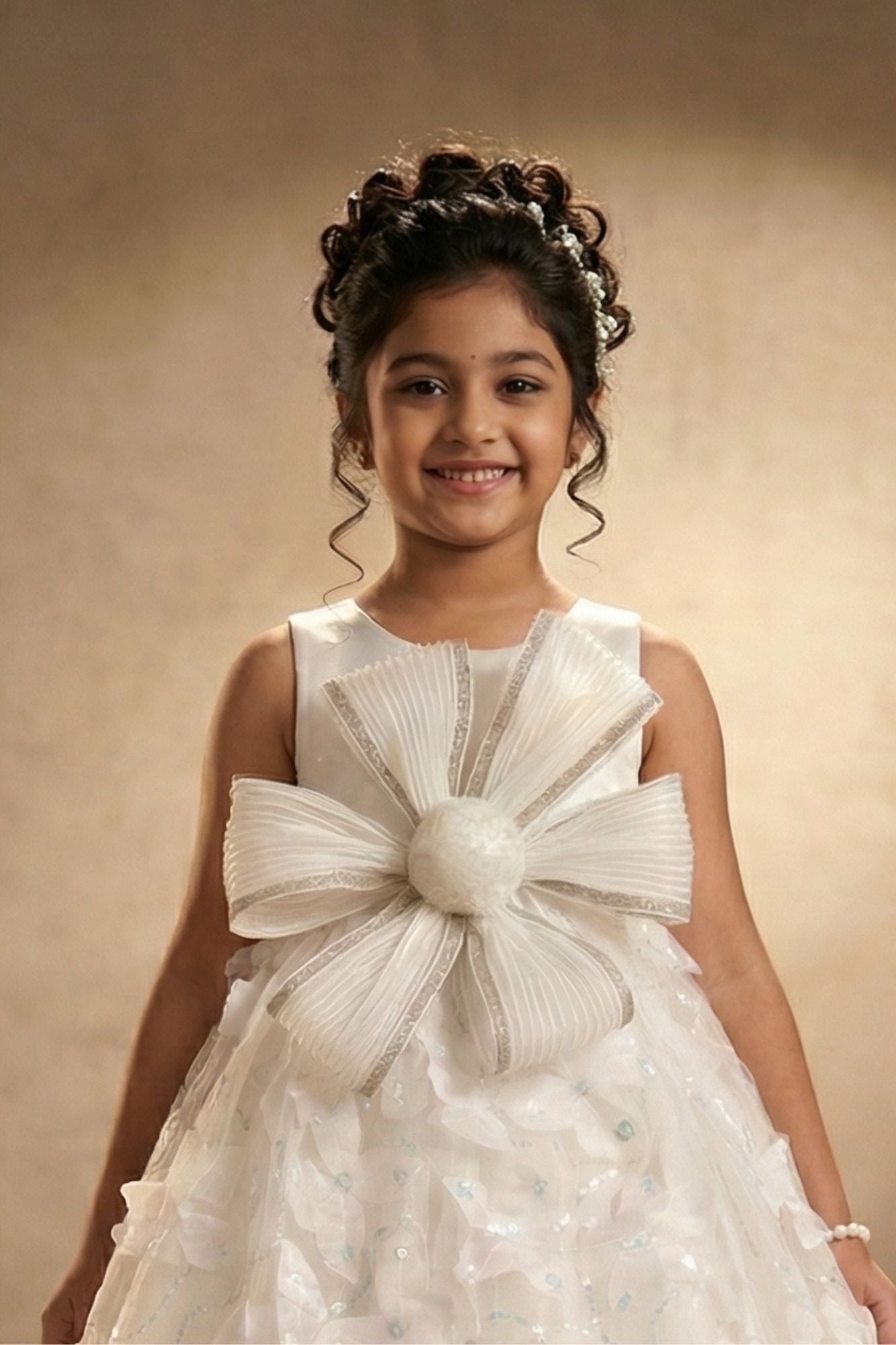 Girls White Floral Party Gown with Statement Bow