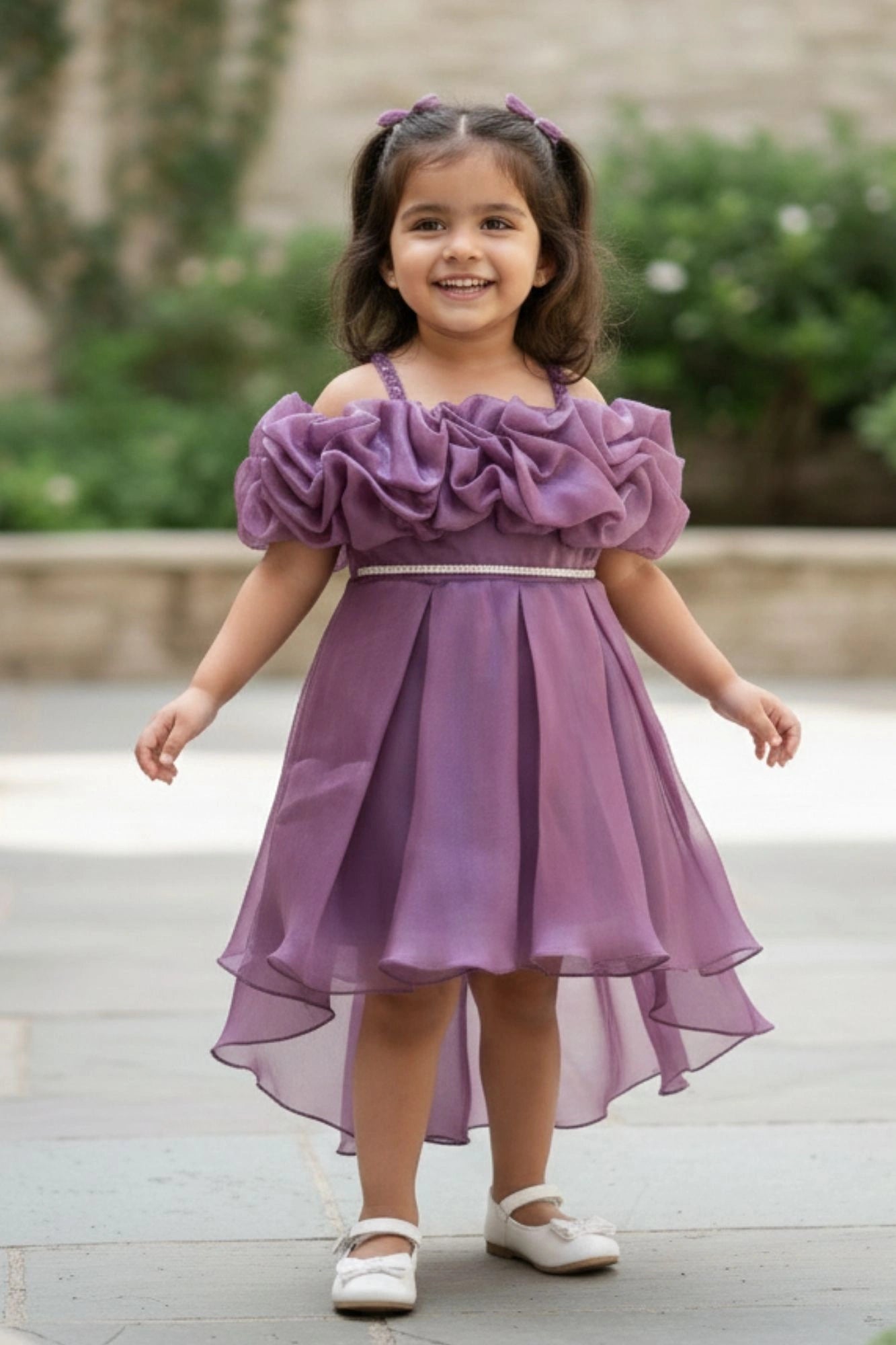 Purple Ruffle Layered Party Wear Frock With Shimmer Strap For Girls