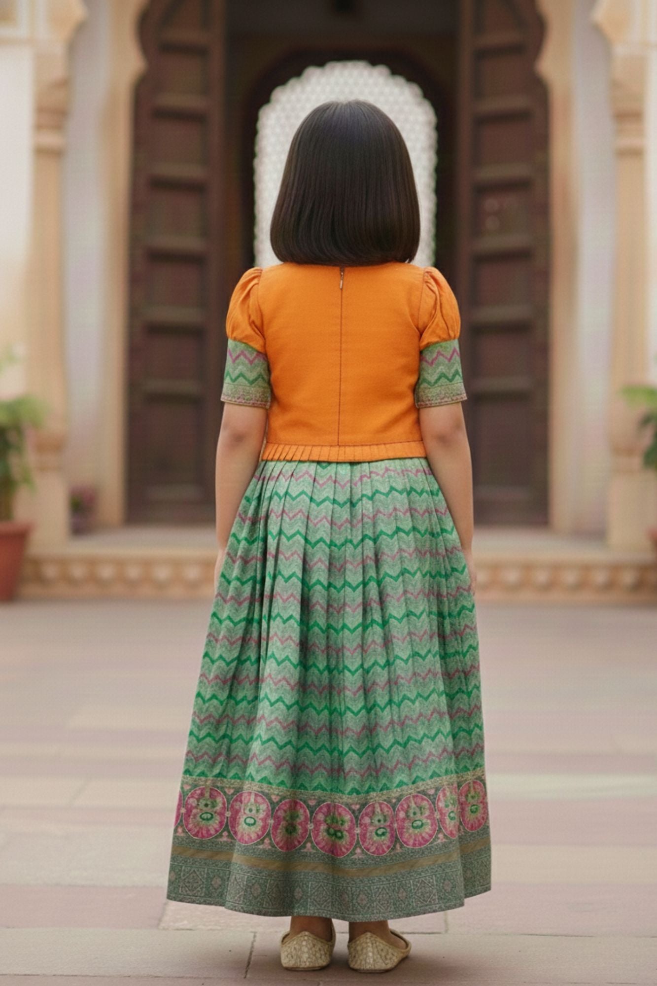 Yellow And Green Printed Silk Pattu Pavadai For Girls