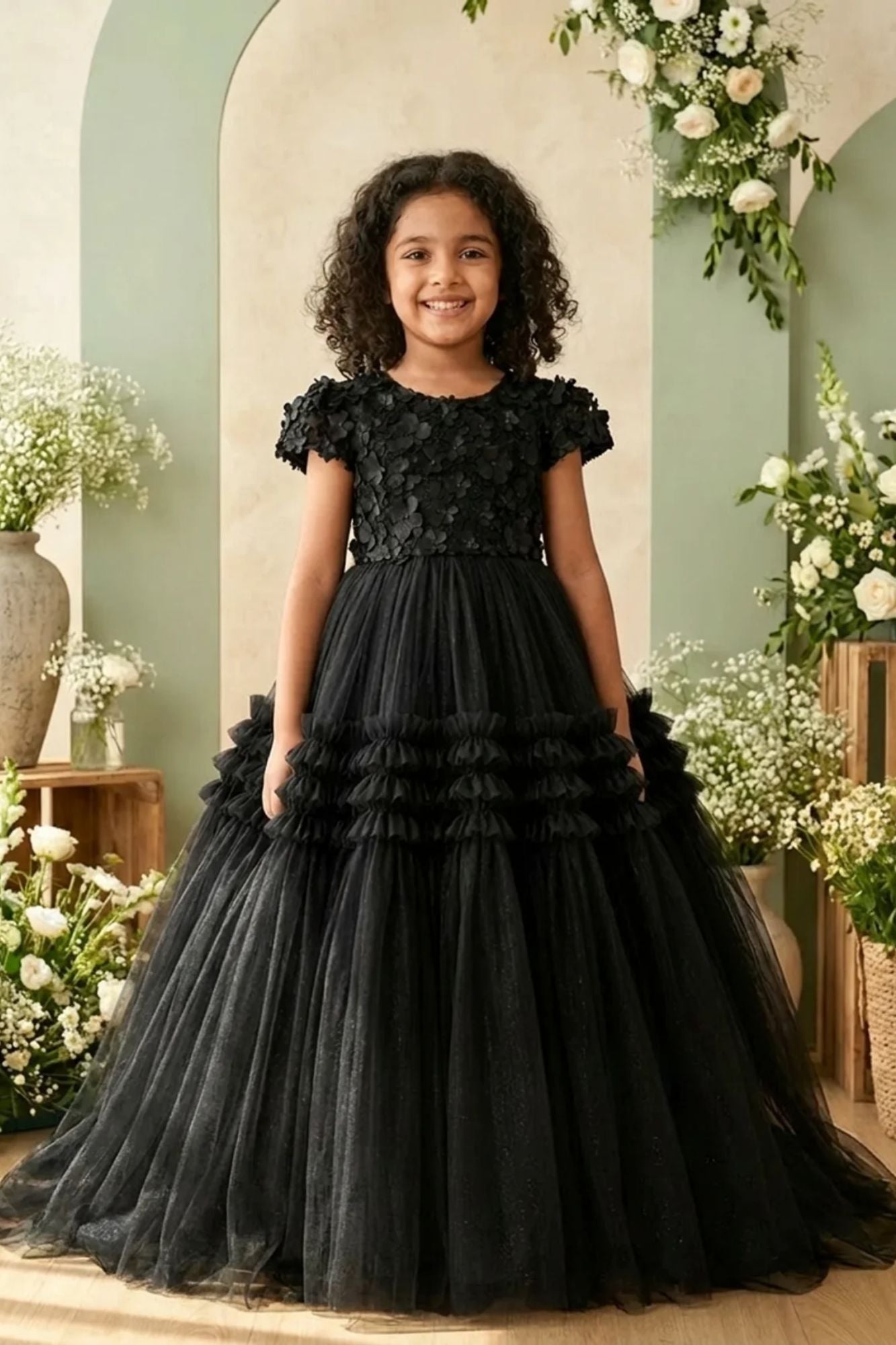 Girls Black Floral Embellished Layered Net Ball Gown