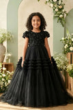 Girls Black Floral Embellished Layered Net Ball Gown