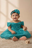 Teal Blue Party Frock with Pleated Flower Appliqué and Shimmer Finish For Girls