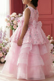 Girls Pink Layered Party Wear Gown with Floral Embroidery And Statement Bow