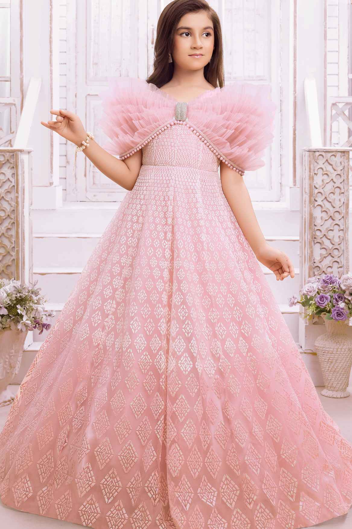 Designer Peach Shimmer Printed Party Wear Gown With Pearl Work For Girls