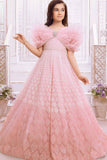 Designer Peach Shimmer Printed Party Wear Gown With Pearl Work For Girls