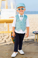 White Shirt And Pant Set With Overcoat And Bow For Boys