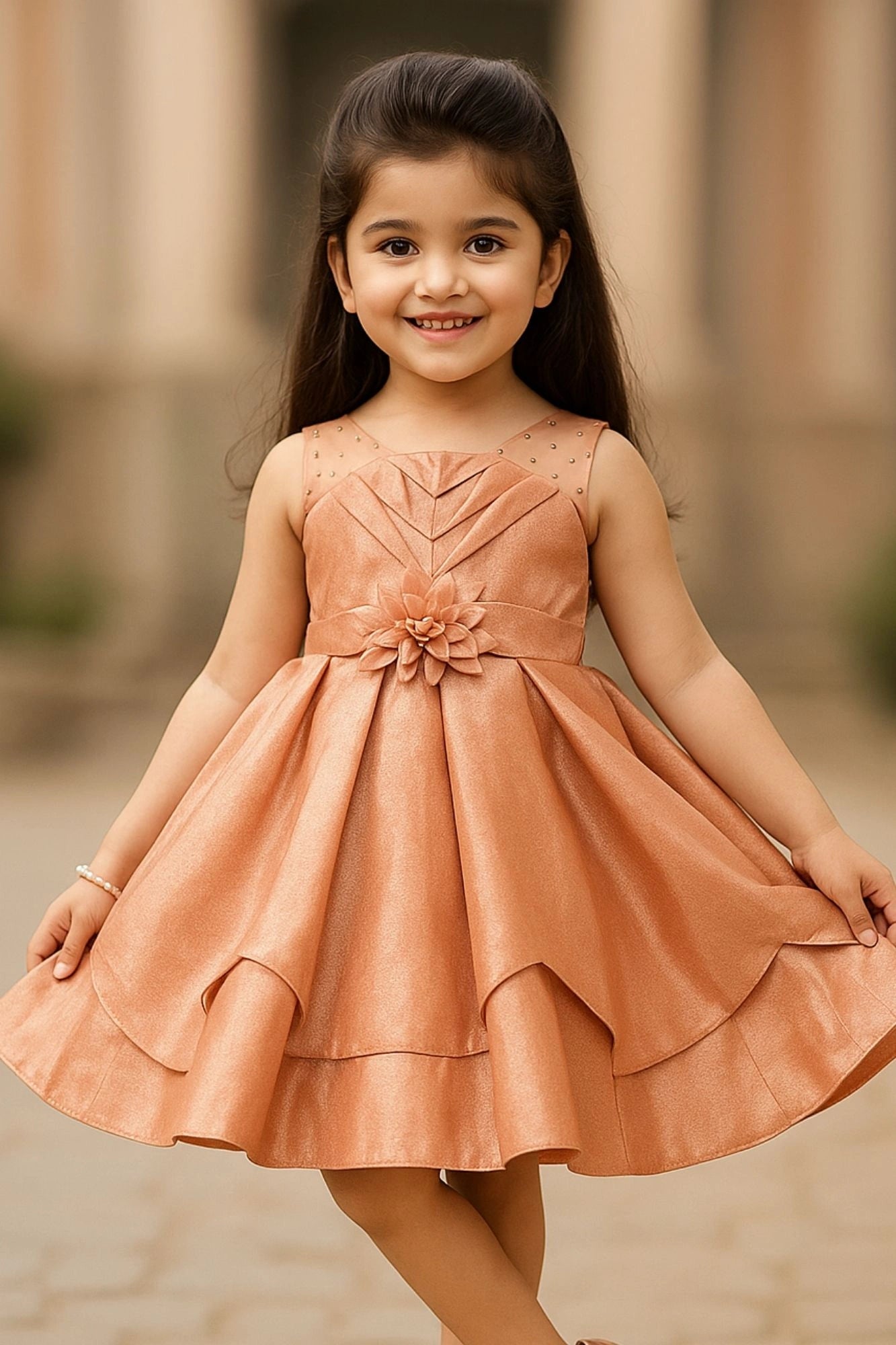Copper Shimmer Embellished Party Wear Frock with Layered Skirt For Girls