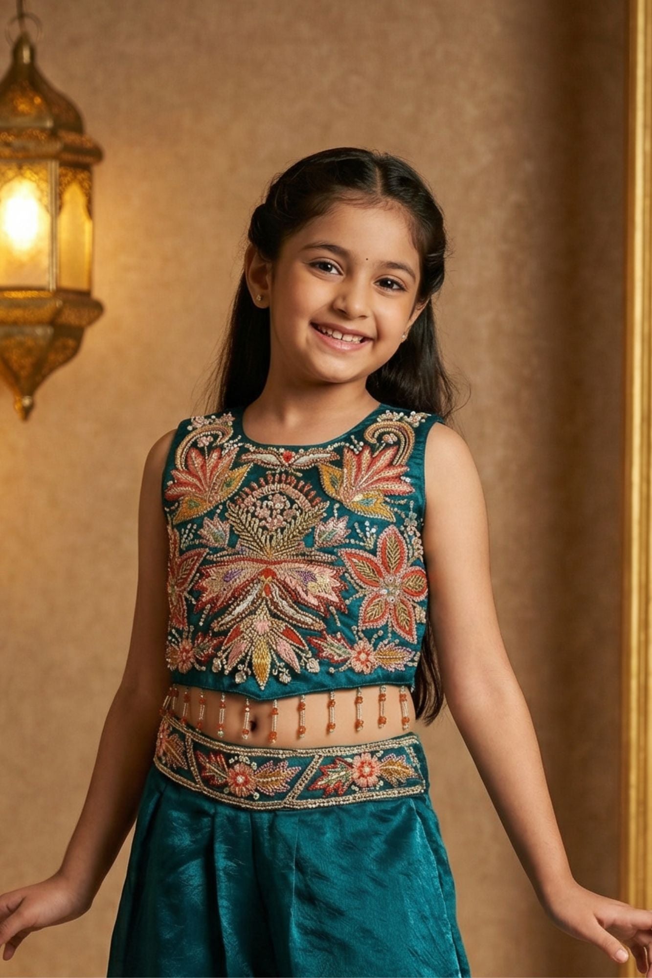 Blue Sequins Work With Thread Embroidery For Palazzo Set For Girls