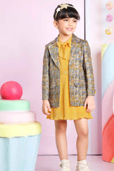 Stylish Mustard Casual Frock With Printed Overcoat For Girls