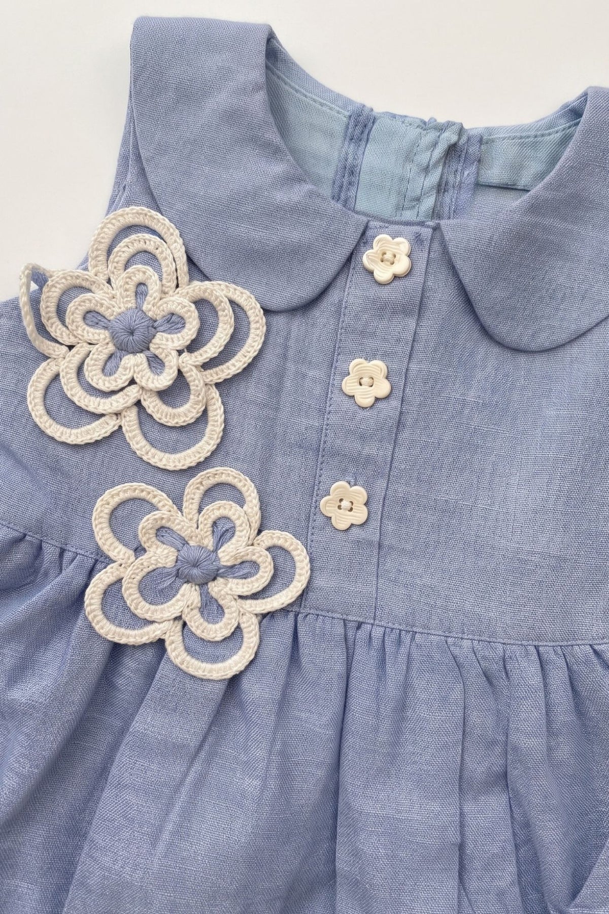 Charming Girls Blue Floral Applique A-Line Dress with Peter Pan Collar
