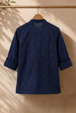 Blue Geometric Thread Embroidered Pure Linen Kurta