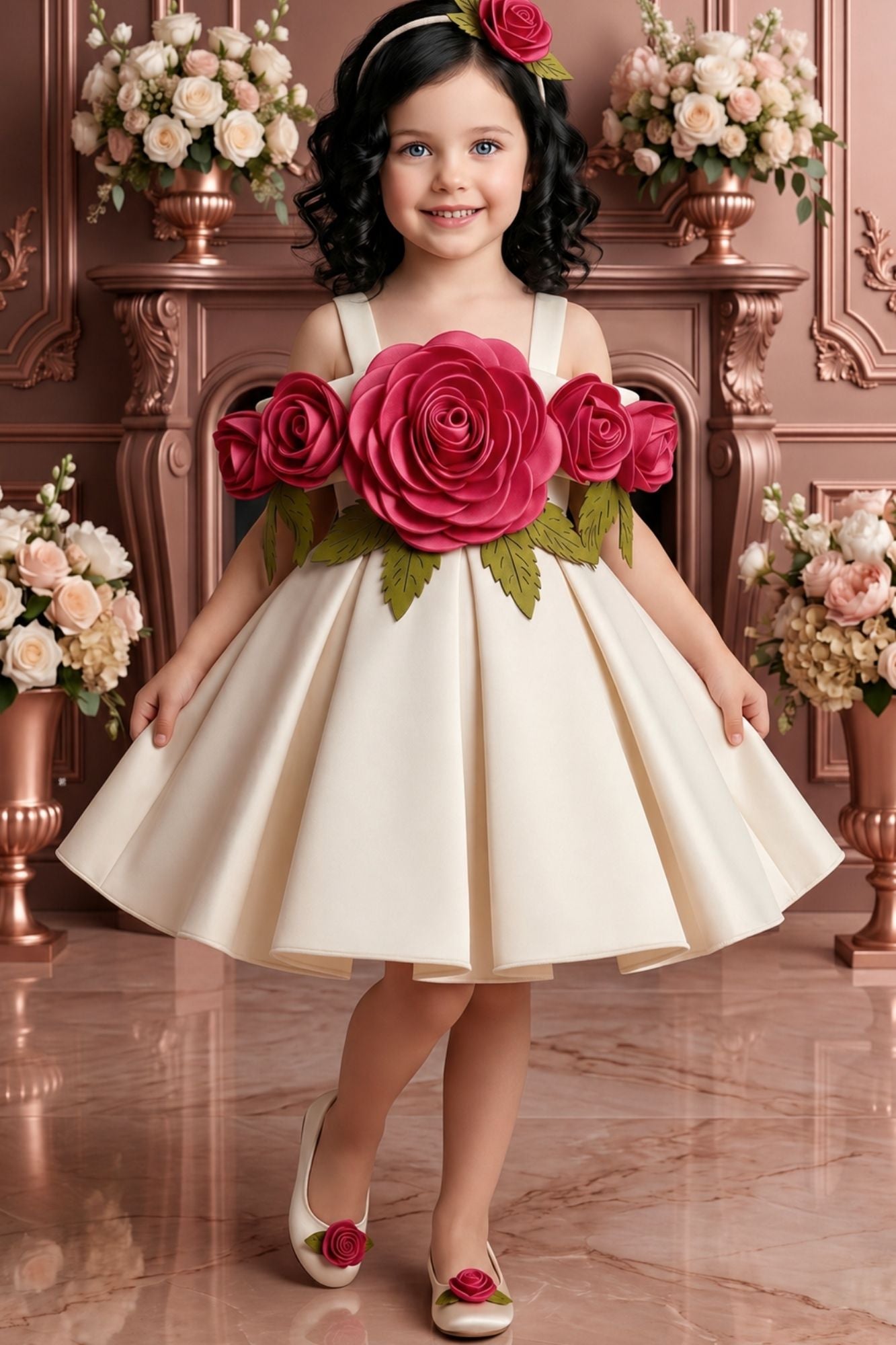 Girls Fawn 3D Floral Applique Party Wear Frock