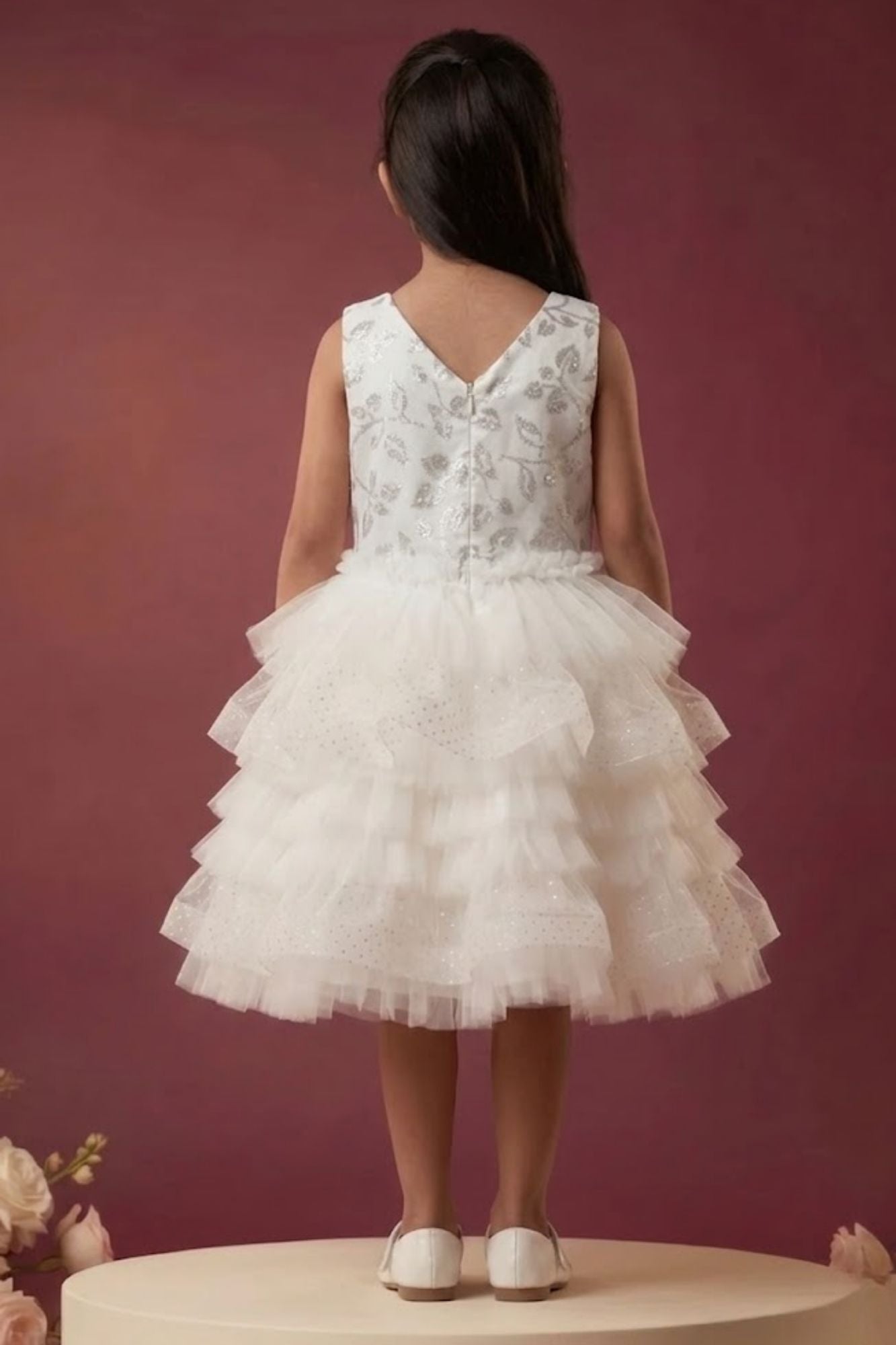 Girls White Embroidered Layered Net Party Wear Frock