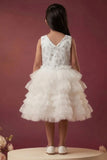 Girls White Embroidered Layered Net Party Wear Frock