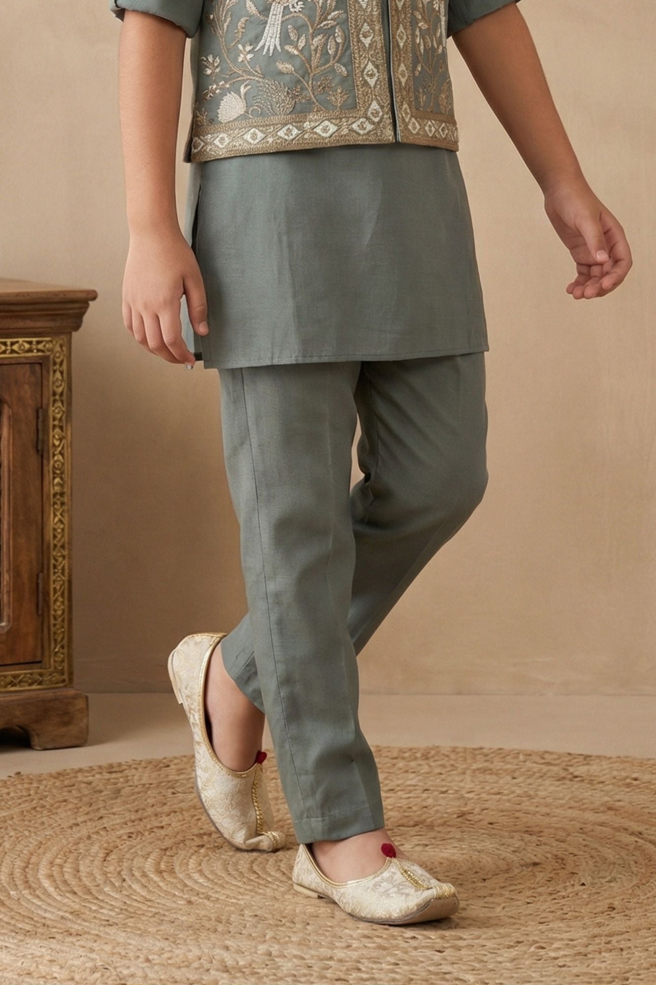 Pastel Green Embroidered Kurta Set with Nehru Jacket For Boys