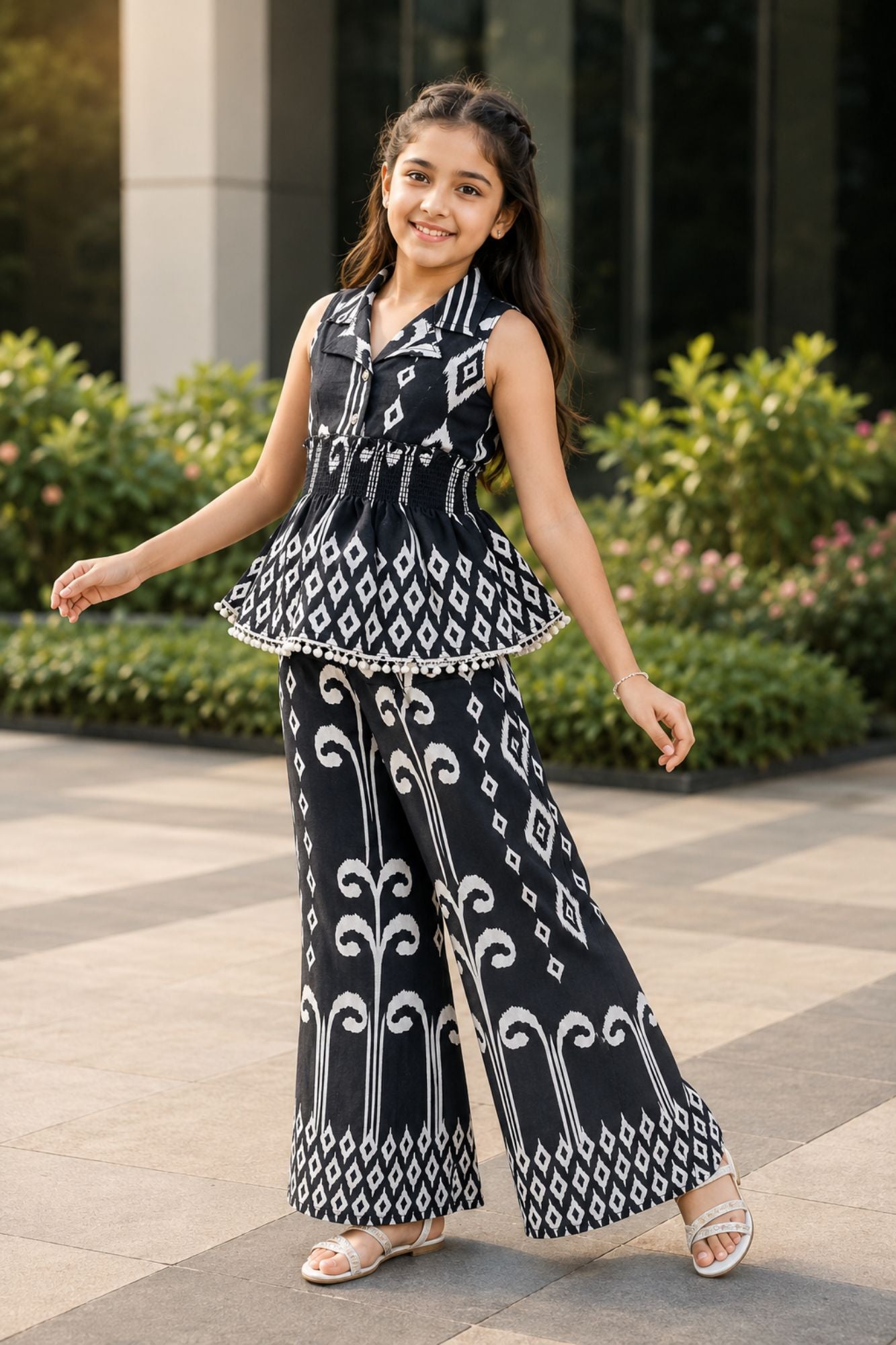 Black And White Printed Sleeveless Co-Ord Set with Wide-Leg Pants for Girls