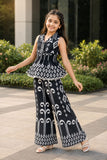 Black And White Printed Sleeveless Co-Ord Set with Wide-Leg Pants for Girls