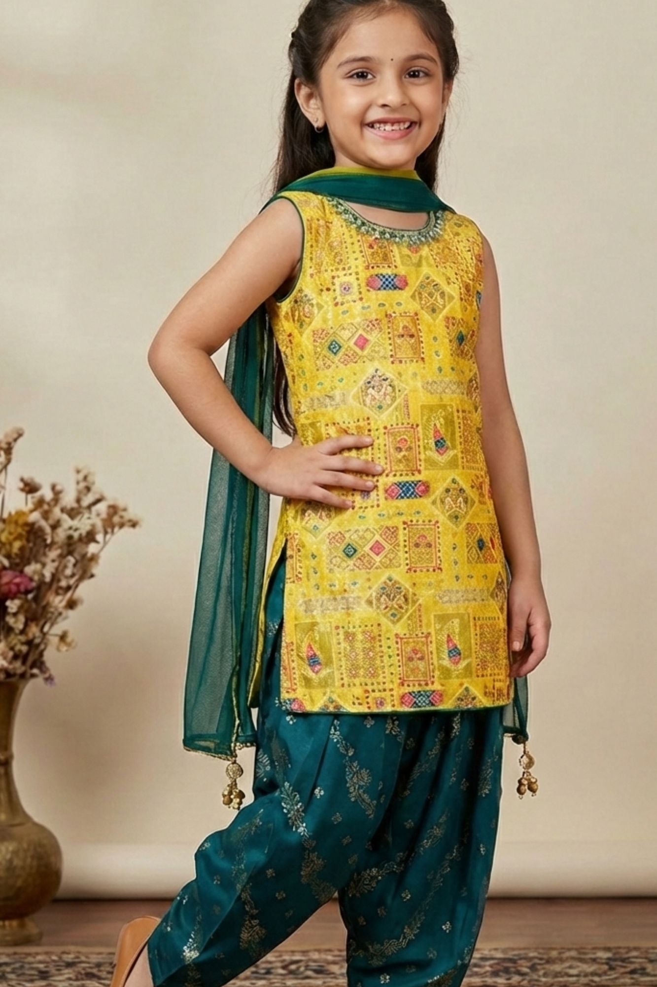 Yellow Kurti With Green Patiala Suit Set For Girls