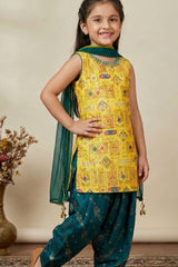 Yellow Kurti With Green Patiala Suit Set For Girls