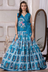 Blue Printed And Embroidered Lehenga Choli Set For Girls