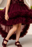 Girls Maroon Sequin Layered Ruffle Tailback Party Wear Frock With 3D Floral Detailing