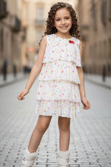 Cream Floral Printed Multi Tiered Ruffle Dress For Girls