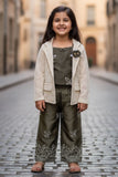 Olive Green Embroidered Co-ord Set With Cream Lace Jacket For Girls