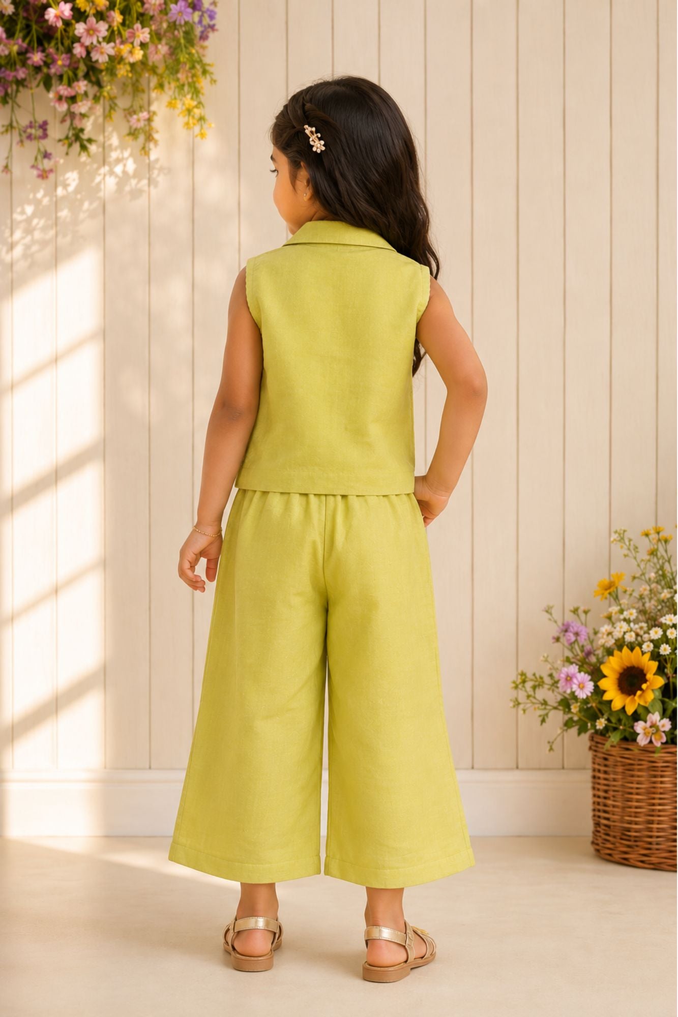 Lime Green  Waistcoat Top & Wide-Leg Co-Ord Set