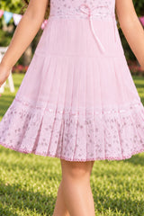Girls Light Pink Floral Lace Halter Neck Pleated Dress